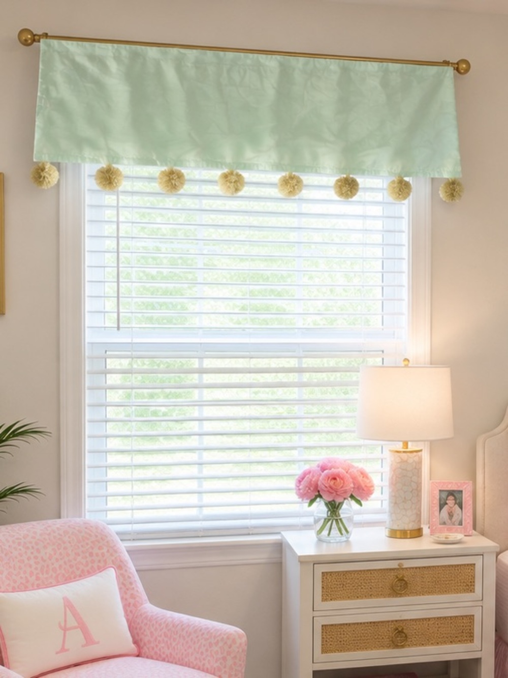 FRANK + LULU • Mint Blue window valance with Gold Pom Poms set of 2 42 x 15